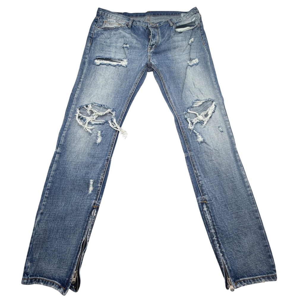 Mnml Jeans Mens 40x35 Distressed Denim Ripped Ankle Zip Slim Fit Cotton
